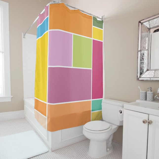 Playful Springtime Geometric Blocks Shower Curtain (In Situ)