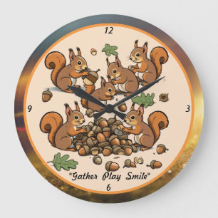 "Playful Squirrel Acorn Scene" Large Clock