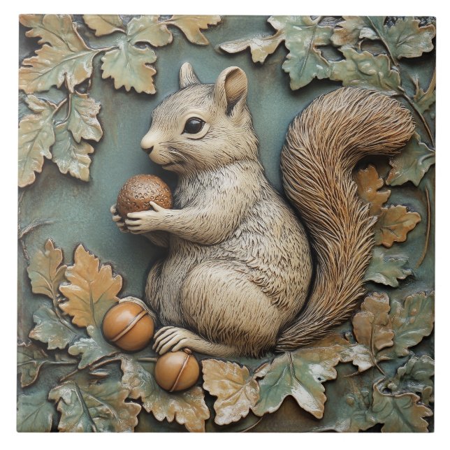 Playful Squirrel with Acorn Faux Relief Ceramic Tile (Front)