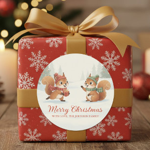 Playful Squirrels in Christmas Winter Forest Classic Round Sticker