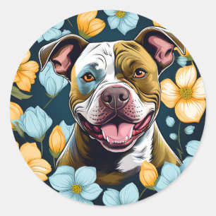 Playful Staffordshire Bull Terrier Floral Classic Round Sticker