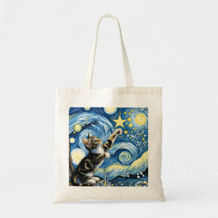 Playful Starry Night Kitten Blue Tote Bag