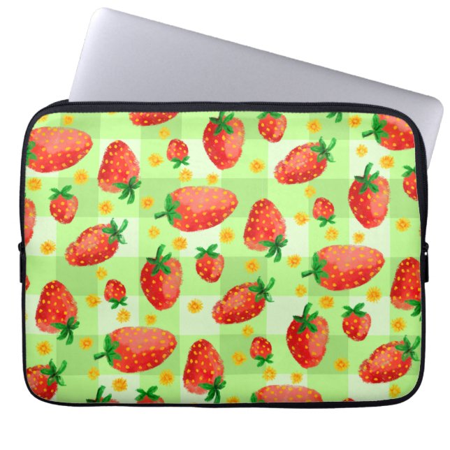 Playful Strawberries and Daisies Watercolor Plaid Laptop Sleeve (Front)