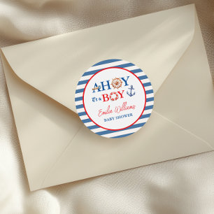 Playful Striped Blue Red Nautical Ahoy Boy Classic Round Sticker