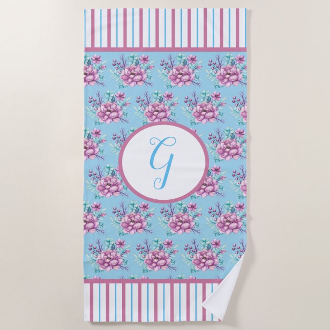 Playful Stripes and Pink Bouquets Beach Towel (Front)