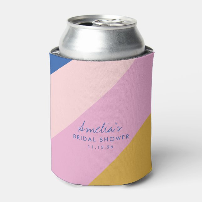 Playful Stripes Blue Yellow Custom Bridal Shower Can Cooler (Can Front)