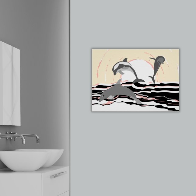 Playful Stylized Ocean Jumping Dolphins At Sunrise Poster (Abstract Ocean Jumping Dolphins At Sunrise Poster, Bathroom)
