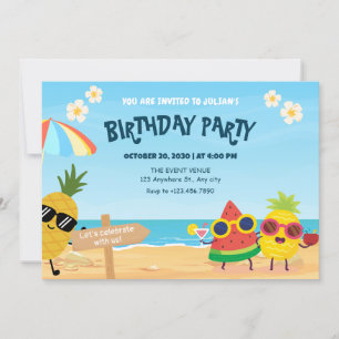 Playful summer beach cartoon fruit birthday invitation