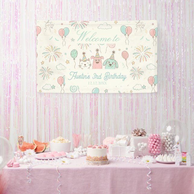 Playful Sweet and Three Kids Birthday  Banner (Party)