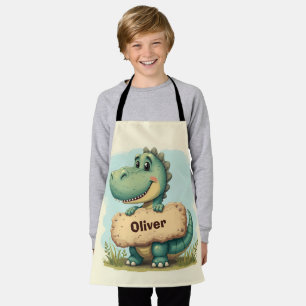 Playful T-Rex with Stone Name Sign Apron