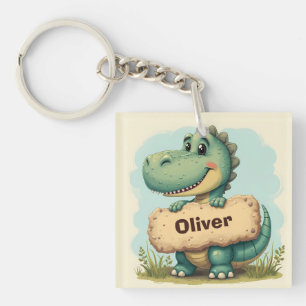 Playful T-Rex with Stone Name Sign Key Ring