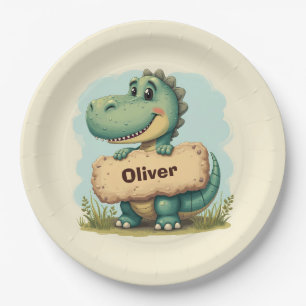 Playful T-Rex with Stone Name Sign Paper Plate