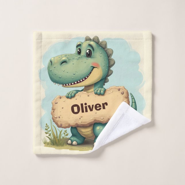  Playful T-Rex with Stone Name Sign Wash Cloth (Wash Cloth)