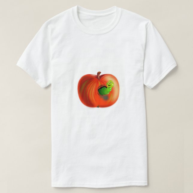 Playful T-Shirt with Happy Worm In Red Apple (Design Front)