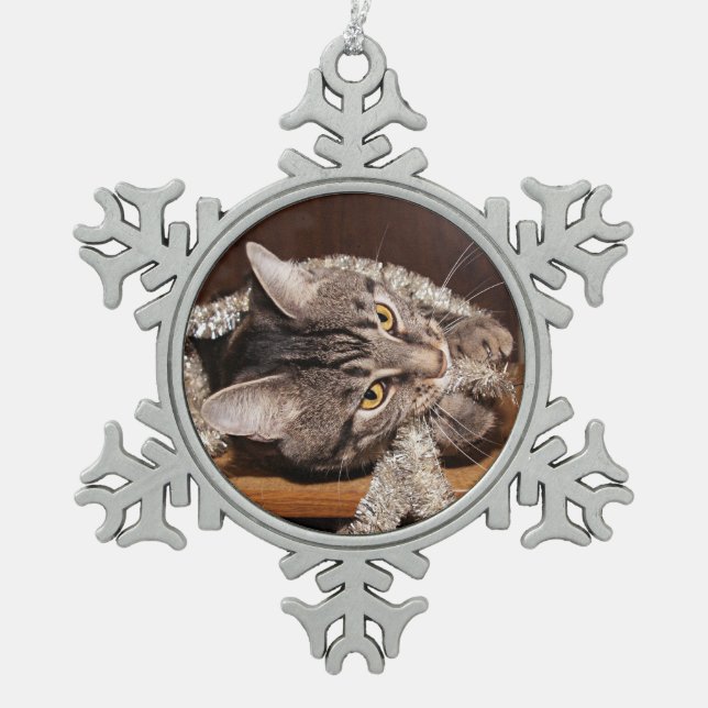 Playful tabby cat Christmas Snowflake Pewter Christmas Ornament (Front)
