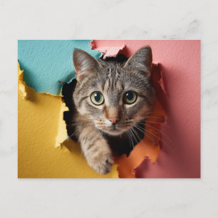 Playful Tabby Cat Peeking Through Torn Paper Holiday Postcard