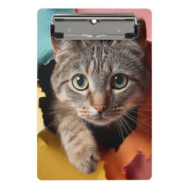 Playful Tabby Cat Peeking Through Torn Paper Mini Clipboard (Front)