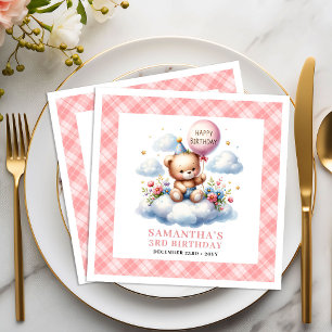 Playful teddy bear balloon floral girl birthday  napkin