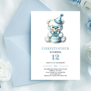 Playful teddy bear balloons blue boy birthday invitation