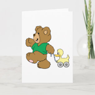 playful teddy bear with toy ducky card