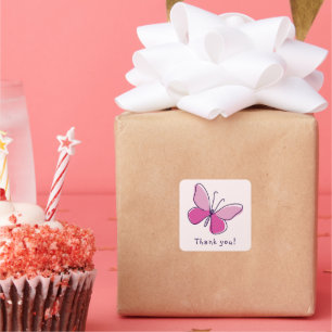 Playful Thank you! - Pink Butterfly Square Sticker