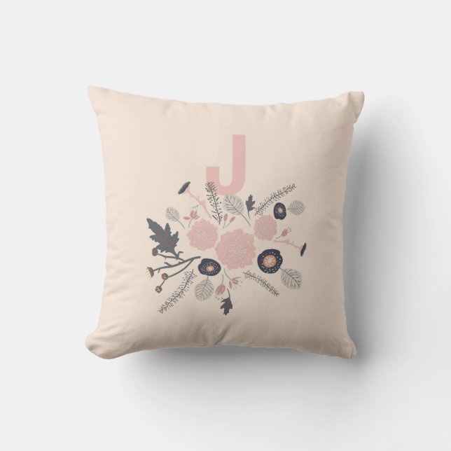 Playful Tossed Flowers Whimsical Pink With Initial Cushion (Front)
