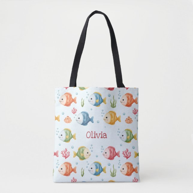Playful Tropical Fish Pattern Personalised Tote Bag (Front)