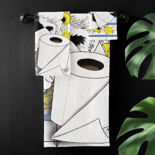 Playful Tuxedo Cat Toilet Paper Chaos Blue Yellow Bath Towel Set