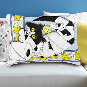 Playful Tuxedo Cat Toilet Paper Chaos Blue Yellow Decorative Cushion