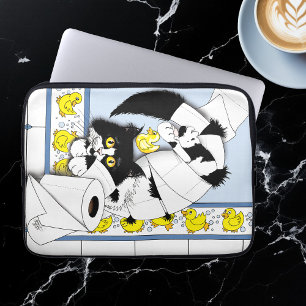 Playful Tuxedo Cat Toilet Paper Chaos Blue Yellow Laptop Sleeve