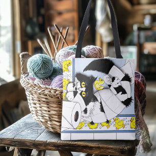 Playful Tuxedo Cat Toilet Paper Chaos Blue Yellow Tote Bag