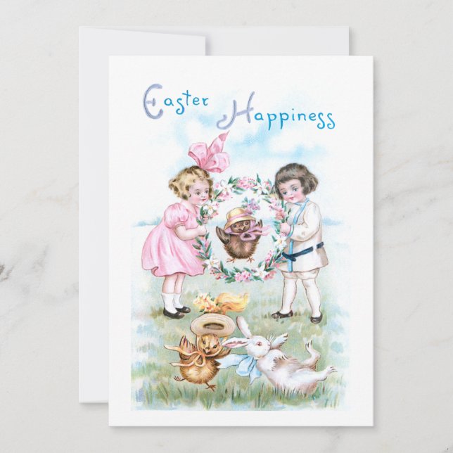 Playful Vintage Children, Easter Bunny, Chicks Holiday Card (Front)