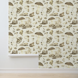 Playful Vintage Forest Mushrooms Frogs Beige White Wallpaper