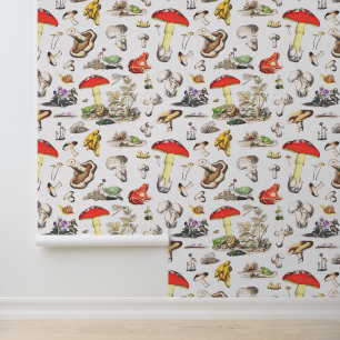 Playful Vintage Forest Mushrooms Frogs on White Wallpaper