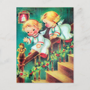 Playful Vintage retro Christmas Angels postcard