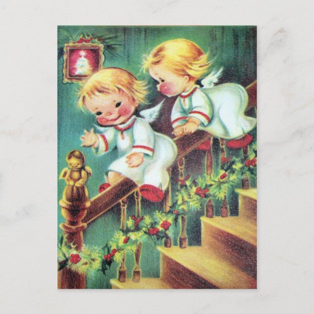 Playful Vintage retro Christmas Angels postcard (Front)