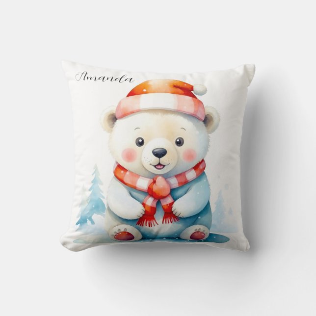Playful Watercolor Christmas Polar Bear Cushion (Front)