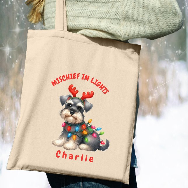 Playful Watercolor Miniature Schnauzer Festive Dog Tote Bag (Carry festive cheer with this custom fun Mini Schnauzer dog tote bag. A perfect gift for dog lovers.)
