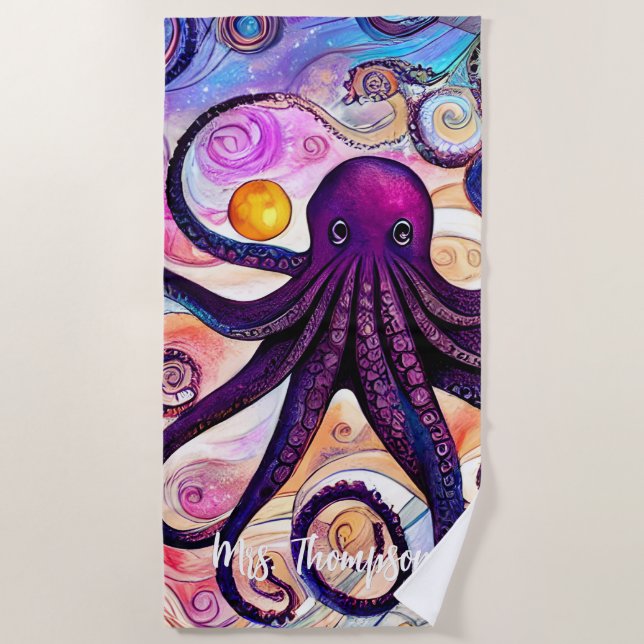 Playful Watercolor Octopus with Personalised Name Beach Towel (Front)