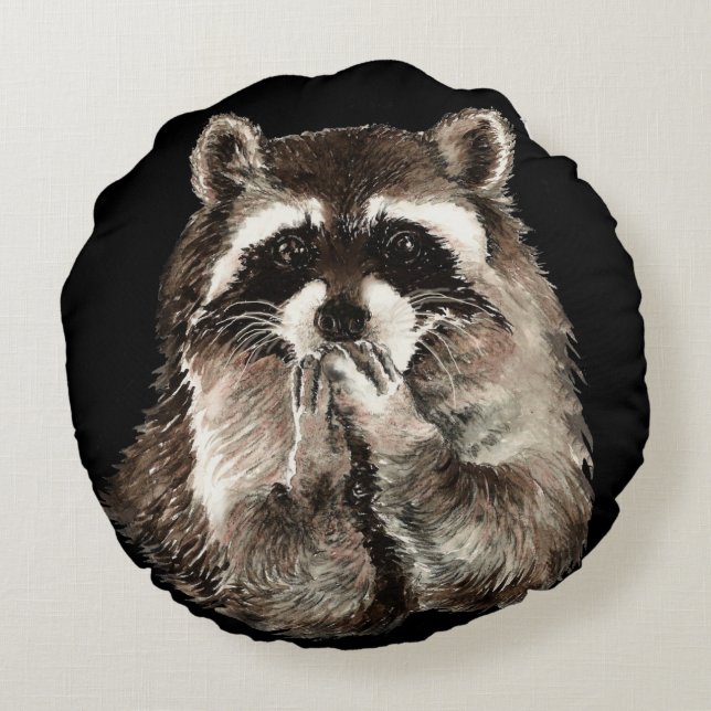 Playful Watercolor Racoon Animal Blowing kisses Round Cushion (Back)