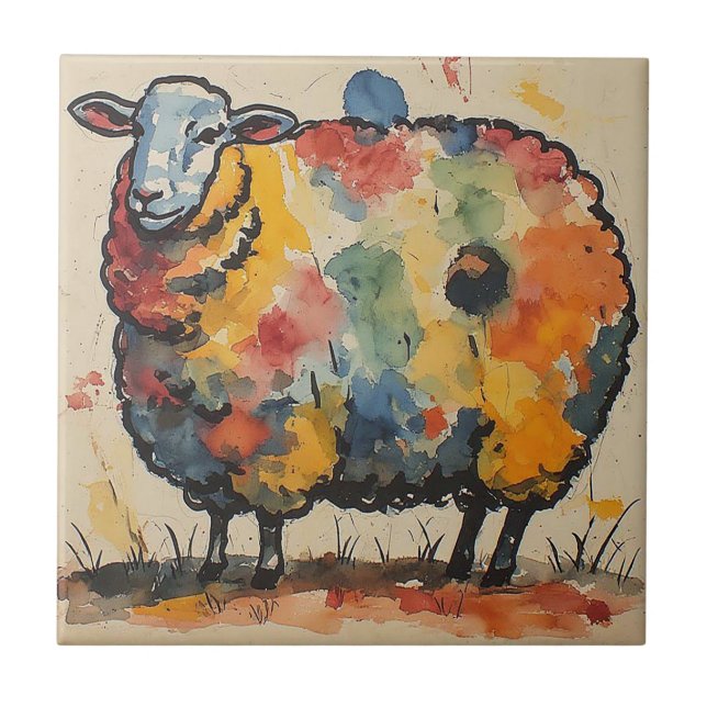 Playful Watercolor Sheep Painting Ceramic Tile (Front)