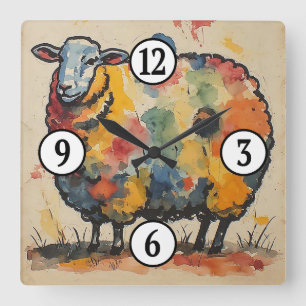 Playful Watercolor Sheep Painting Square Wall Clock
