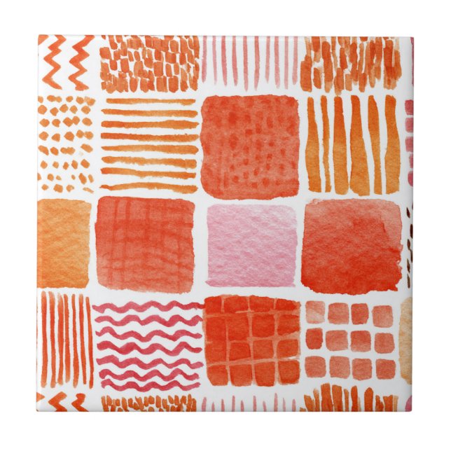 Playful Watercolor Squares | Warm Boho Abstract Ceramic Tile (Front)