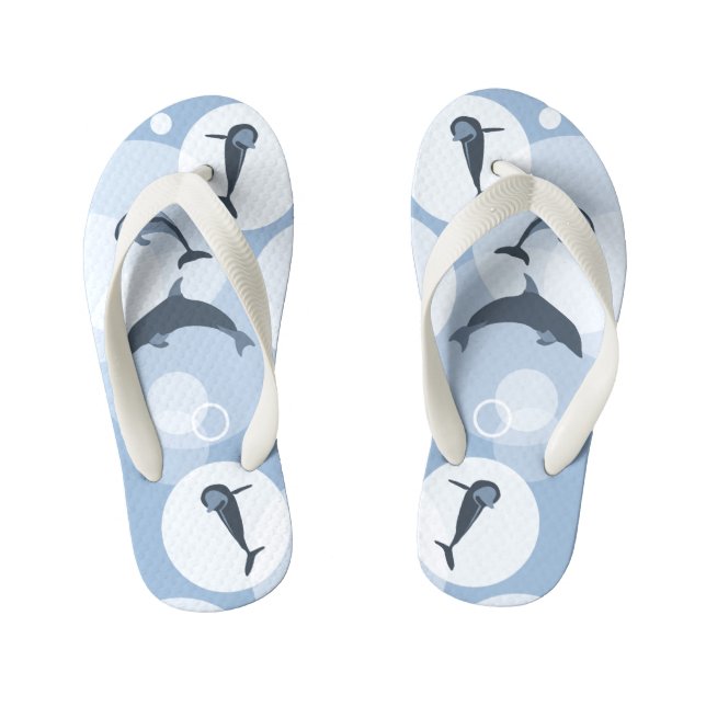 Playful Wave Jumping Dolphins Steel-Blue Kid's Thongs (Footbed)