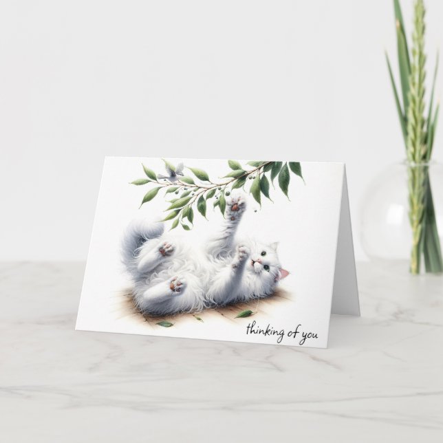 Playful White Cat Thinking of You Card (Front)