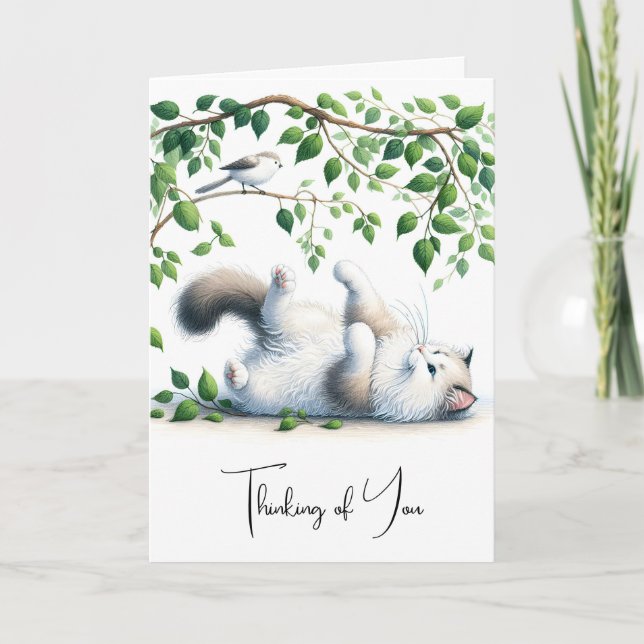 Playful White Cat with Bird for Thinking of You Card (Front)