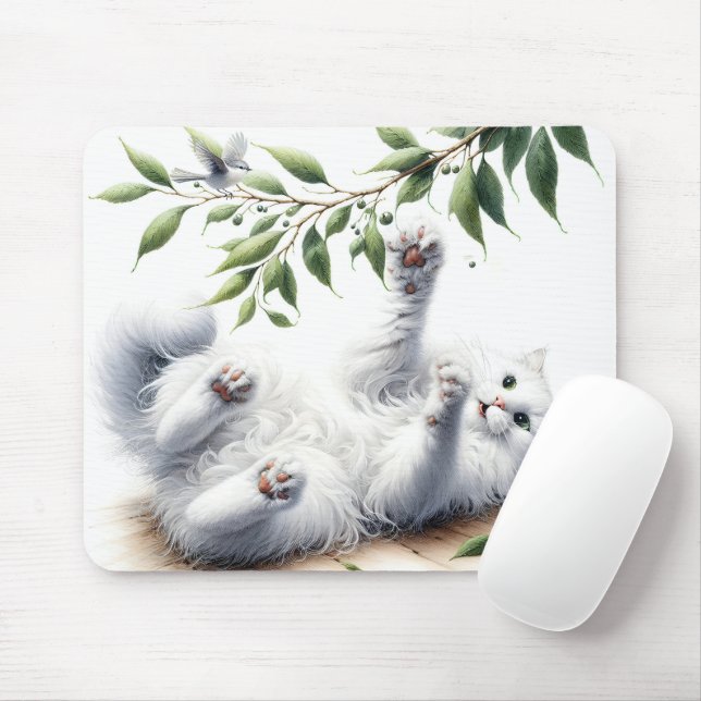 Playful White Cat With Tree Branch Mouse Pad (With Mouse)