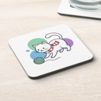Playful White Cat with Yarn Tee Coaster