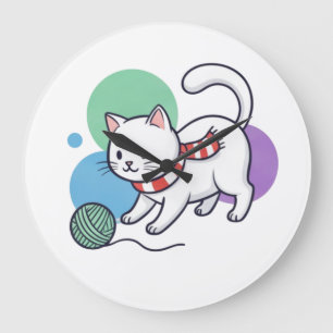 Playful White Cat with Yarn Tee Large Clock