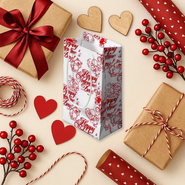 Playful White Red Cartoon Valentine Small Gift Bag (Creator Uploaded)